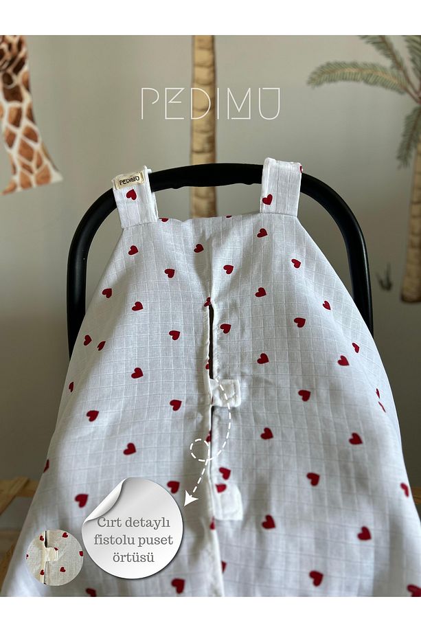 Müslin Kırmızı Kalp Desenli Cırtlı Müslin Puset Örtüsü %100 Cotton - 3