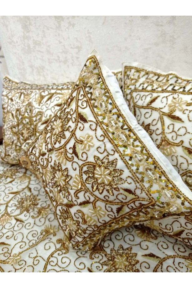 Pullu Boncuklu Ağır İşlemeli Otantik Çift Kişilik Yatak Örtüsü (240x270)-Gold - 4