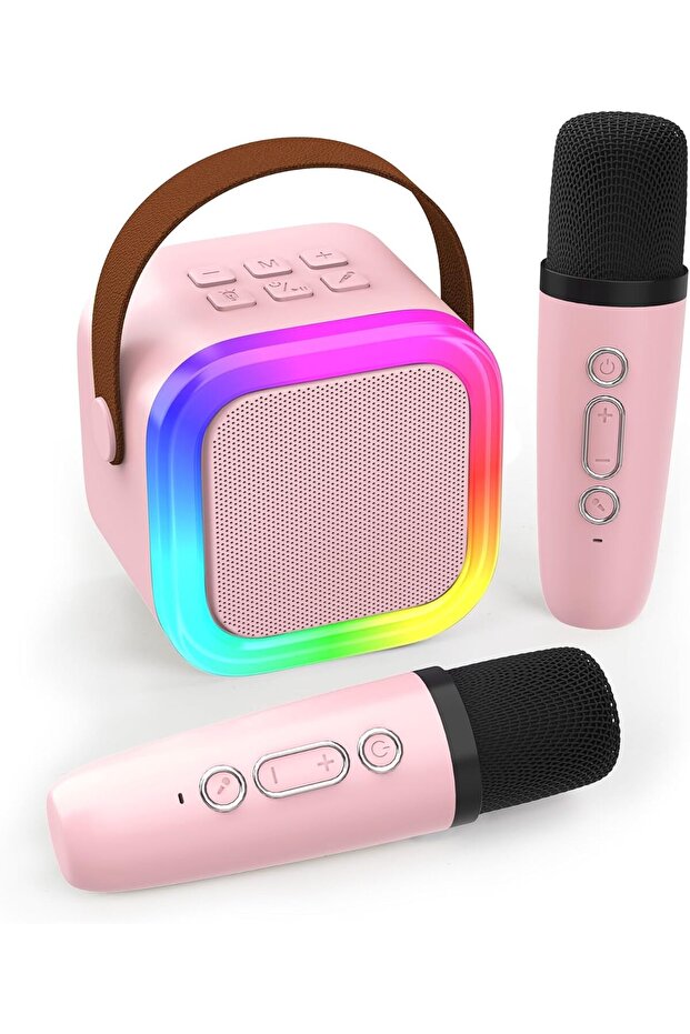 Mini Karaoke Machine for Kids Adults, Portable Bluetooth Speaker with 2 Wireless Microphones (Pink)