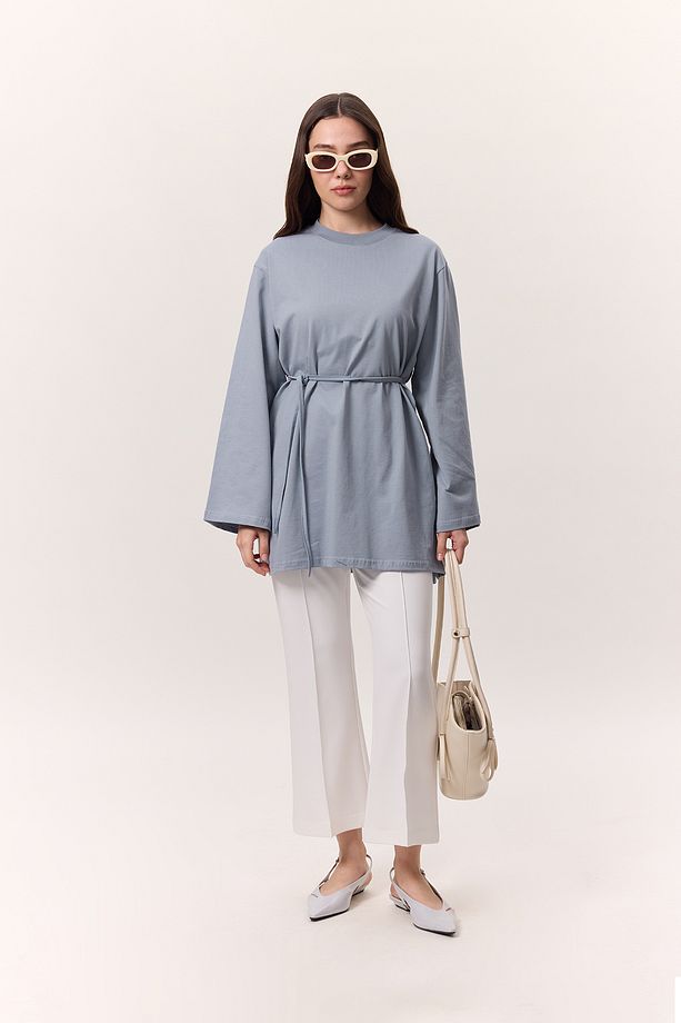 BAĞLAMA DETAYLI OVERSIZE TSHIRT MAVİ - 2