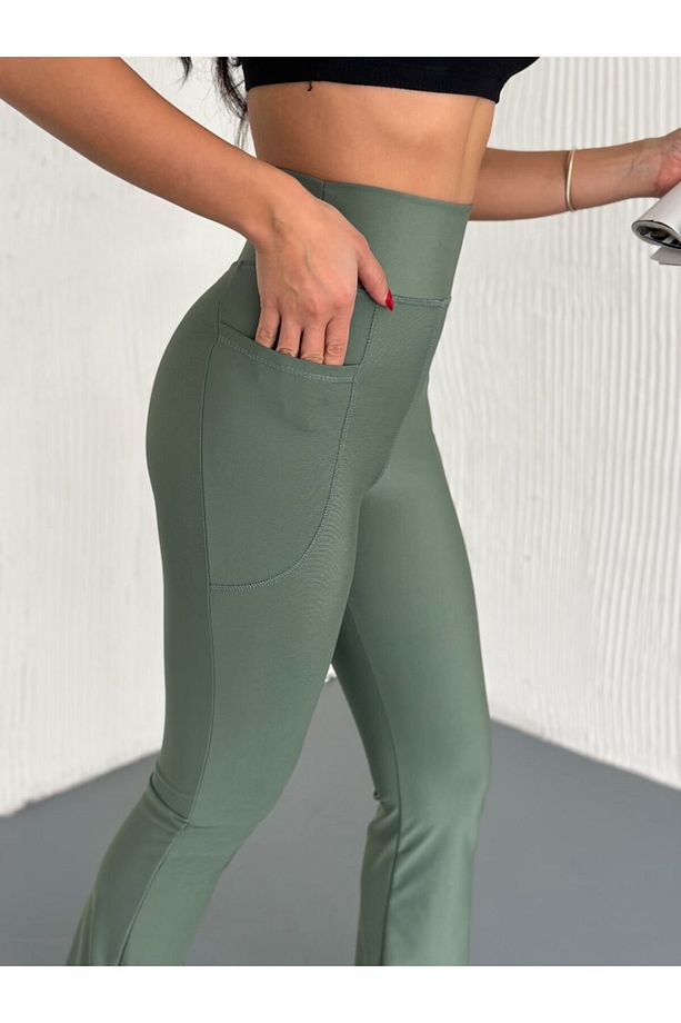 Kadın Yüksek Bel Toparlayıcı Çift Cepli Ispanyol Paça Tayt Bootcut/PUSH UP - 4