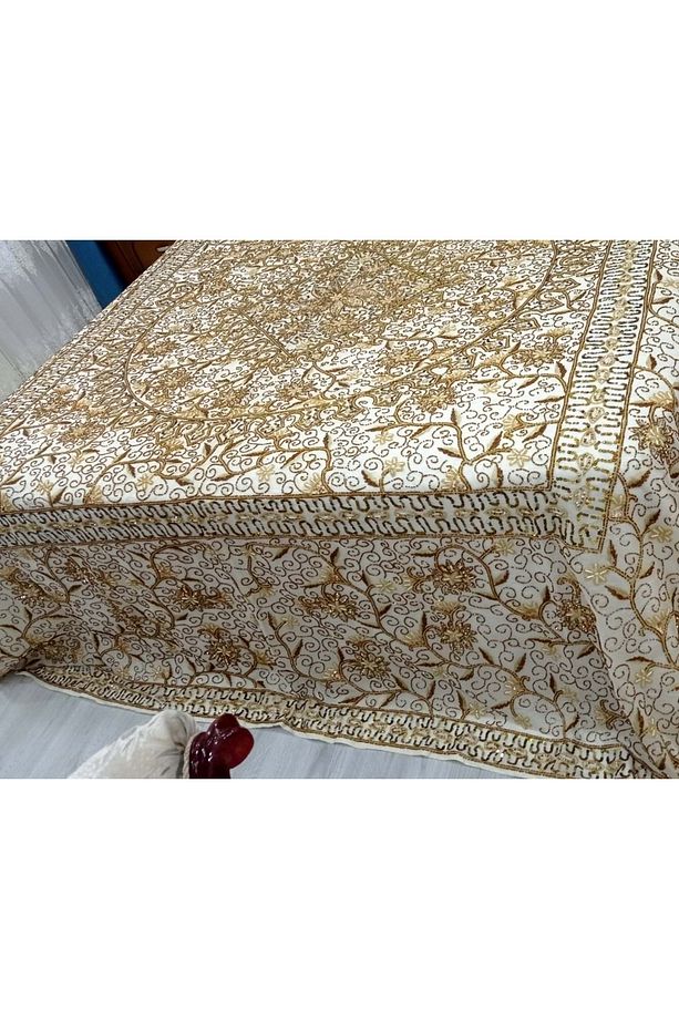 Pullu Boncuklu Ağır İşlemeli Otantik Çift Kişilik Yatak Örtüsü (240x270)-Gold - 3