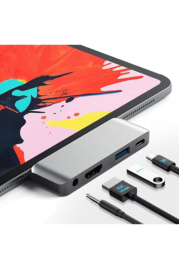 محول USB-C إلى HDMI، محطة إرساء 4 في 1 للأجهزة اللوحية، HDMI بدقة 4K، منفذ USB 3.0، مقبس صوت 3.5 ملم، شحن PD بقوة 18 واط، نقل بيانات عالي السرعة