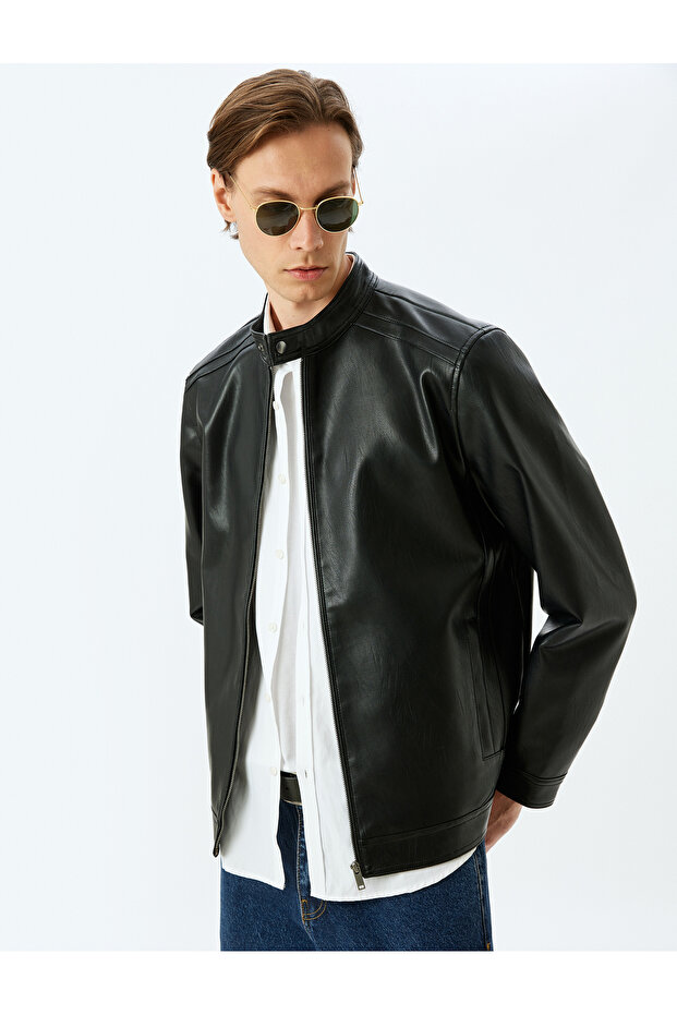 Zippered Faux Leather Jacket with Judge Collar Pocket Detail