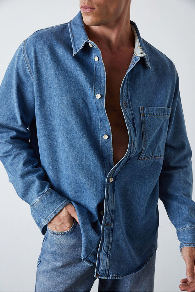 Oversize Cepli Denim Gömlek - 4