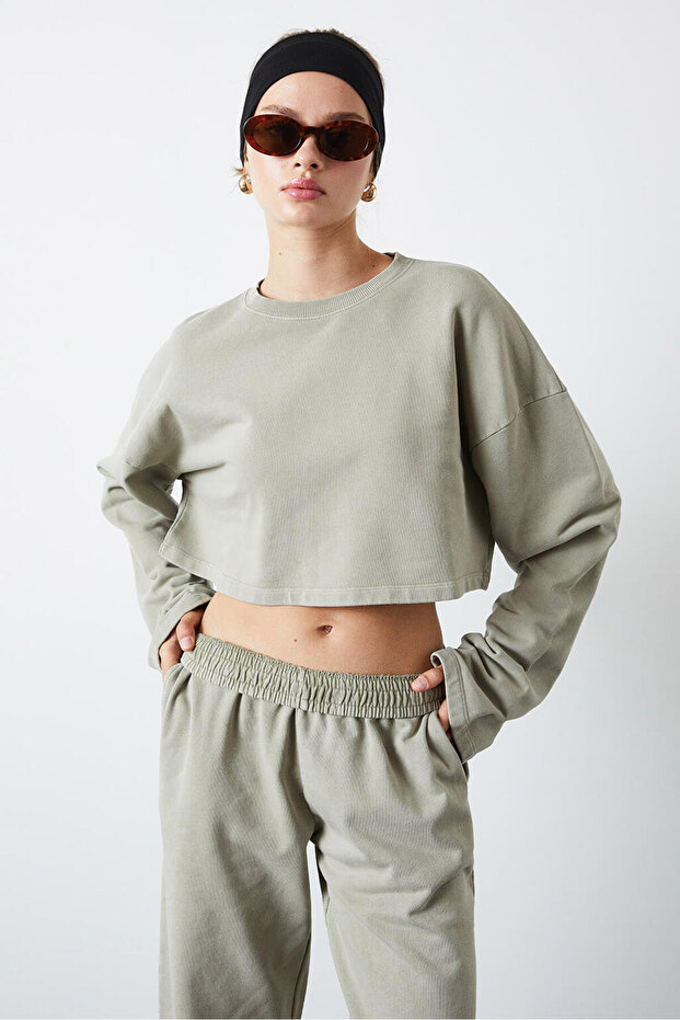 Yıkamalı Crop Sweatshirt - 3