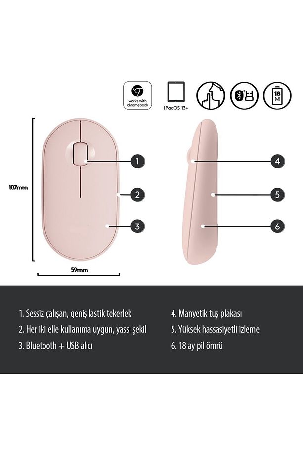 M350 PEBBLE MOUSE FARE 2.4GHZ USB WİRELESS VE BLUETOOTHLU SESSİZ - 5