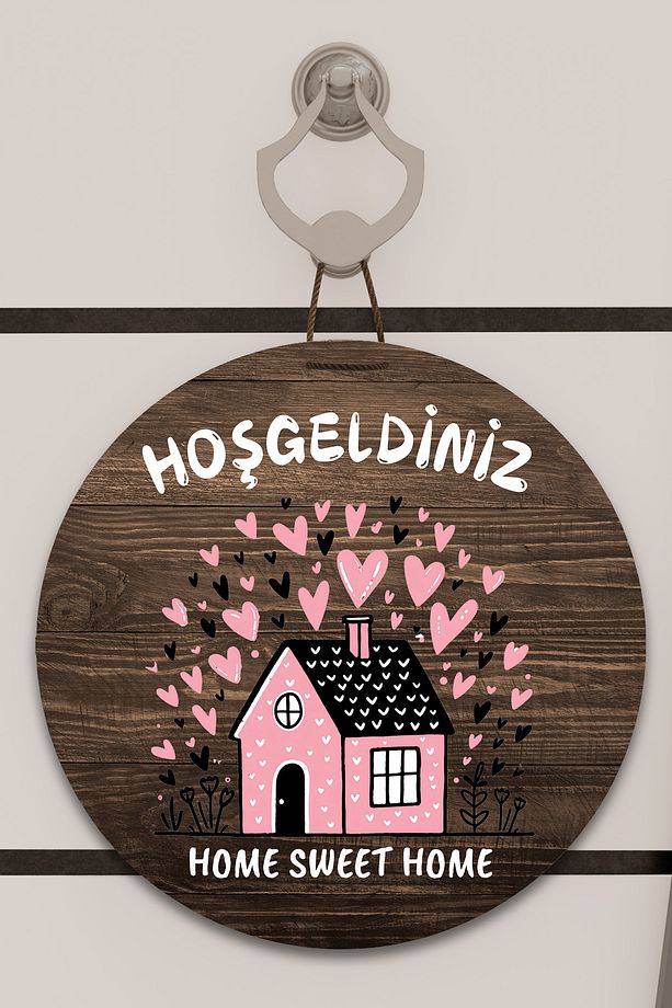 Dijital Baskı ahşap, kalpli pembe ev desenli Kapı süsü, Duvar Süsü - 1