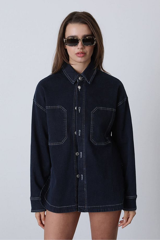 Kontrast Dikişli Oversize Denim Gömlek - 3