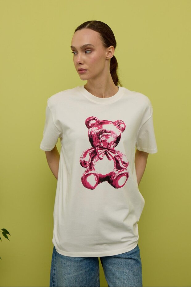 Women's Ecru Teddy Bear Printed Oversize T-Shirt
