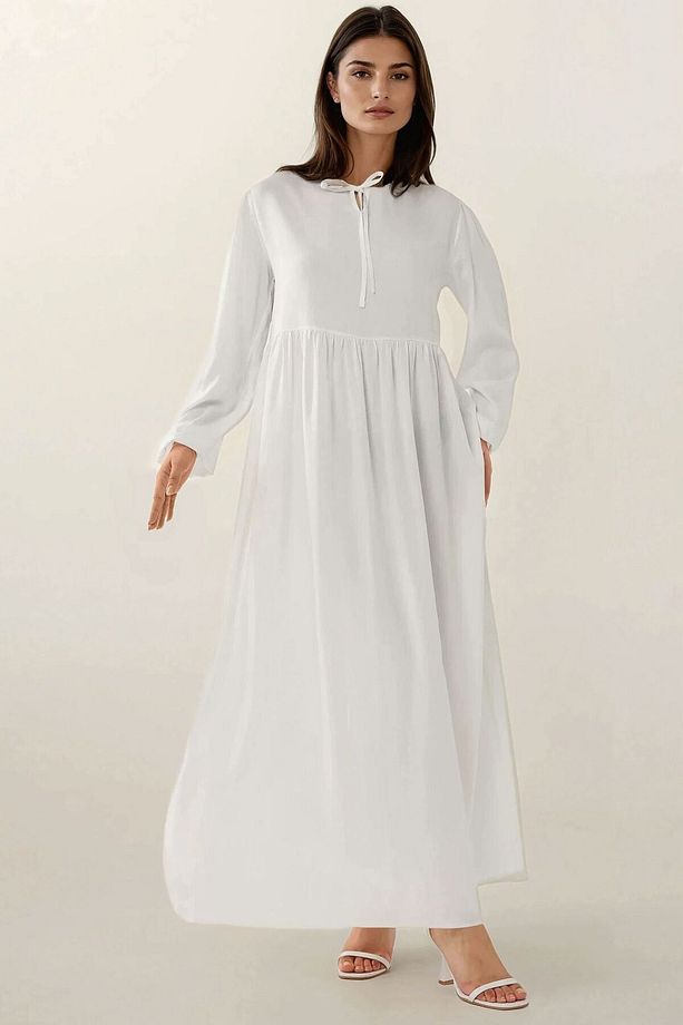 A-Form Fit ve Bisiklet Yaka Modest Dokulu Elbise - 1