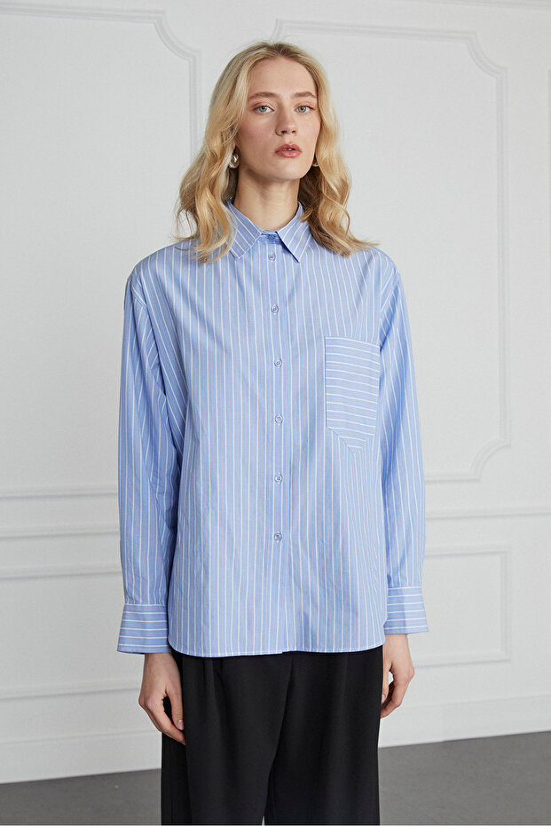 Çizgili Cepli Gömlek - 3