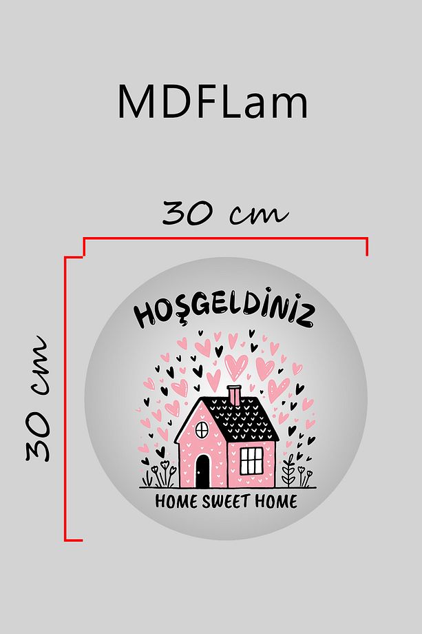 Dijital Baskı gri, kalpli pembe ev desenli Kapı süsü, Duvar Süsü - 3