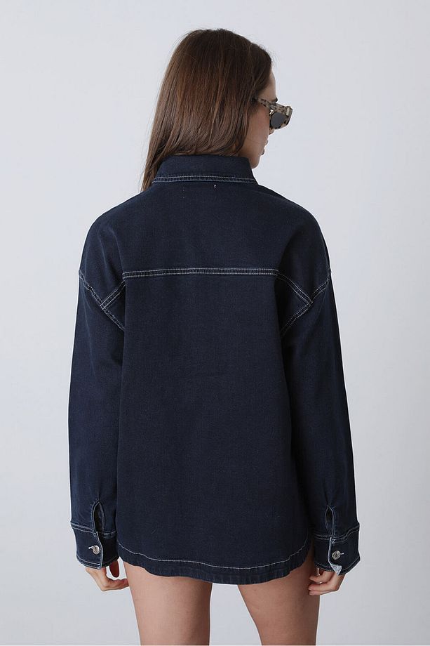 Kontrast Dikişli Oversize Denim Gömlek - 5