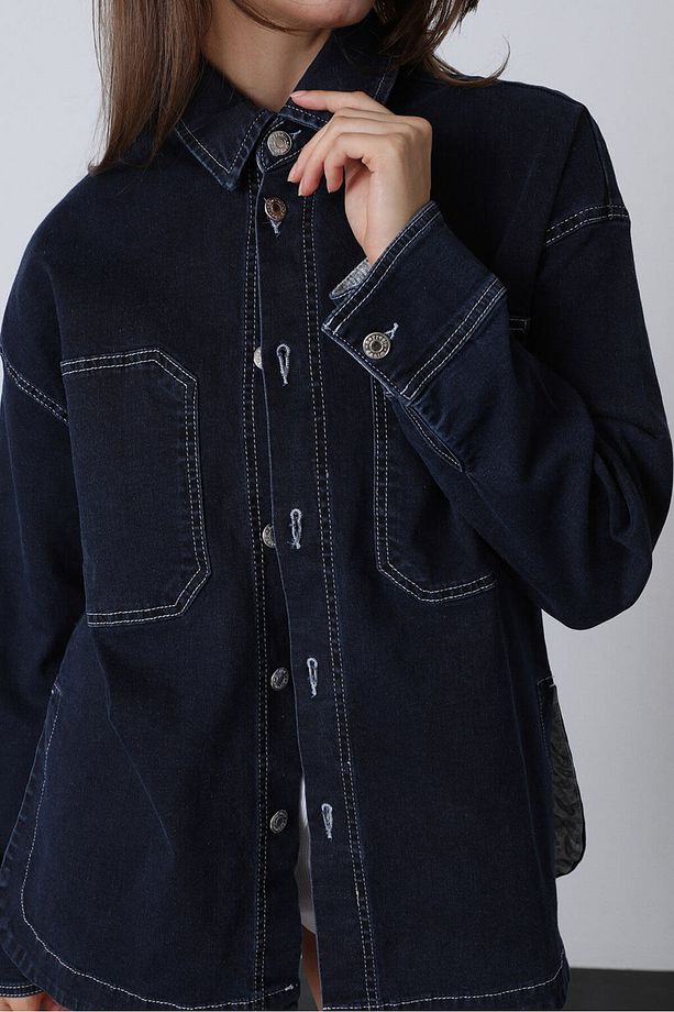 Kontrast Dikişli Oversize Denim Gömlek - 4