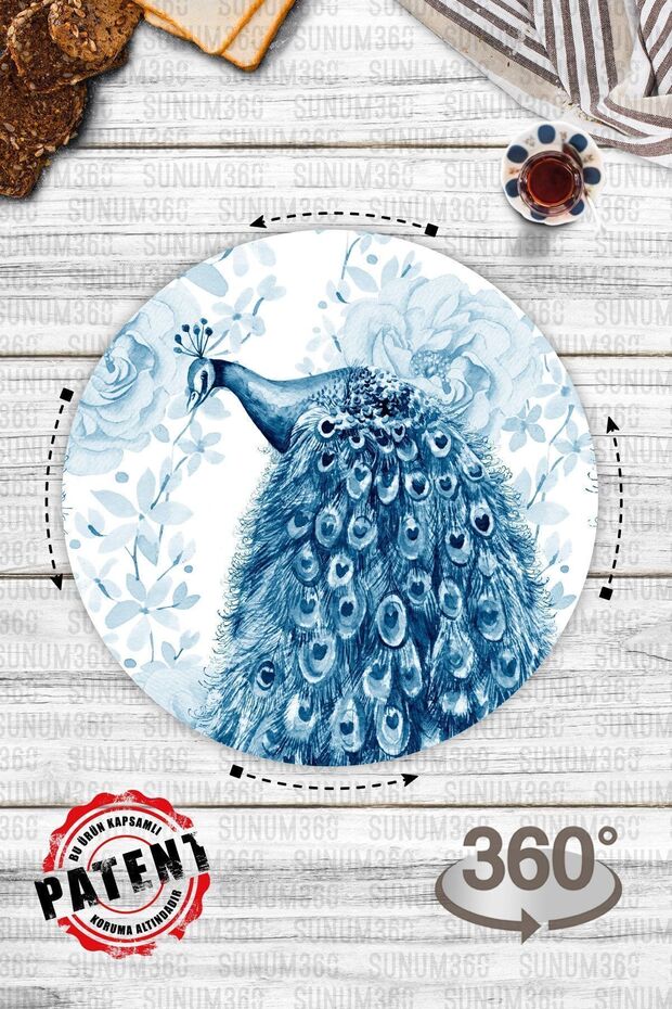 Tavuskuşu Desenli, Dönen Standlı Servis Ve Sunum Tabağı, Peynir Tabağı, Lazy Susan - 8