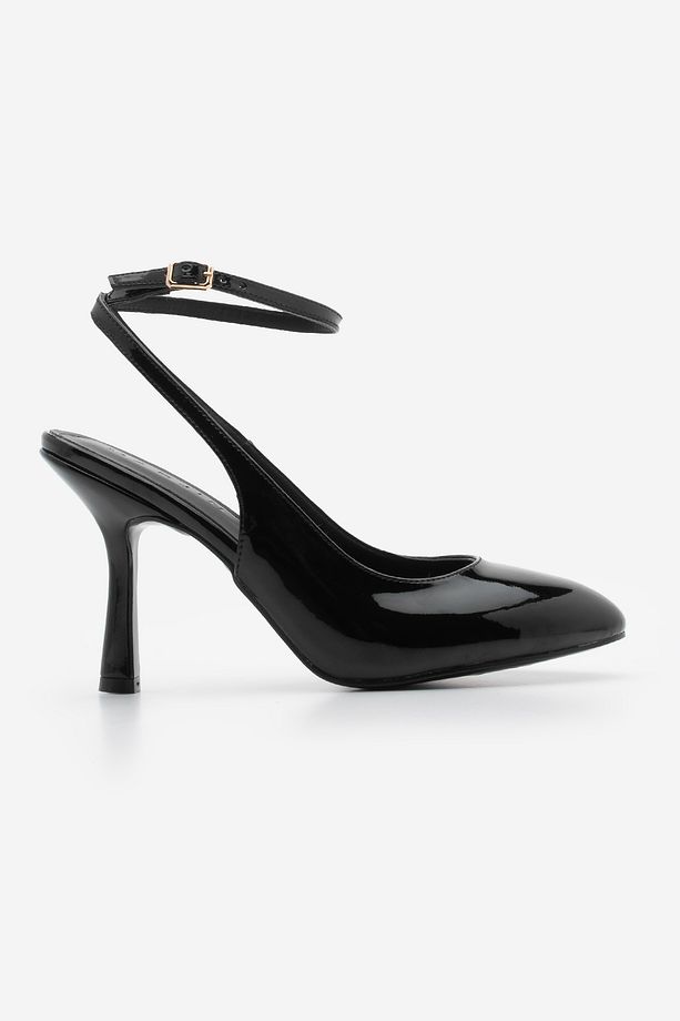 Kadın Stiletto Oval Burun Bilekten Bağlamalı Topuklu Ayakkabı Tirada Siyah Rugan - 3