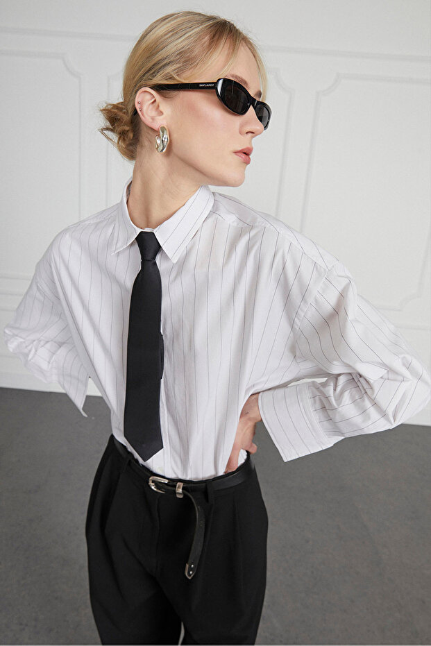 Poplin Çizgili Oversize Gömlek - 2