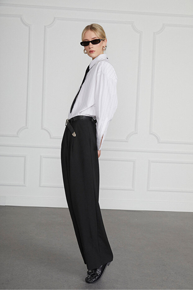 Poplin Çizgili Oversize Gömlek - 1