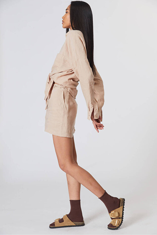 %100 Keten Mini Etek - 3