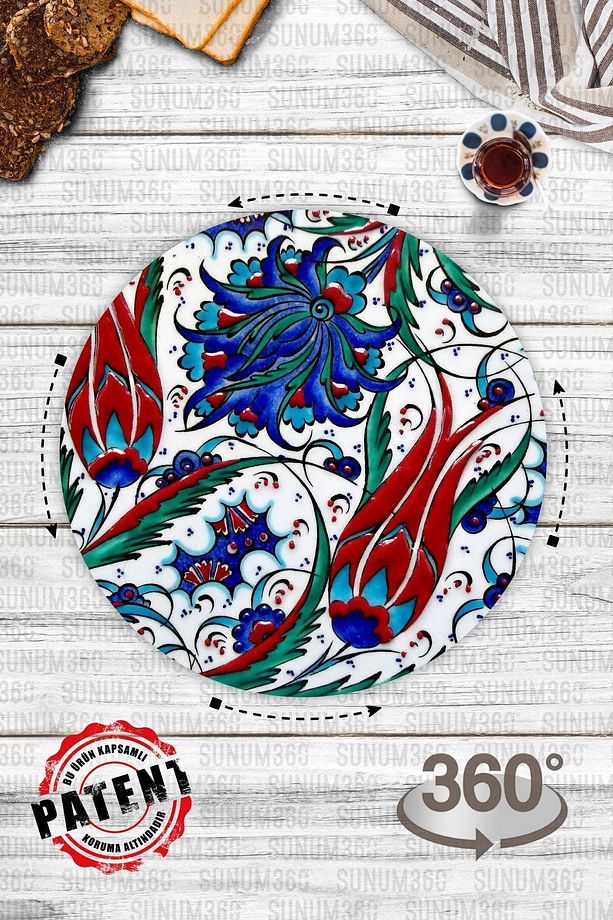Çini Desenli, Dönen Standlı Servis Ve Sunum Tabağı, Peynir Tabağı, Lazy Susan - 8