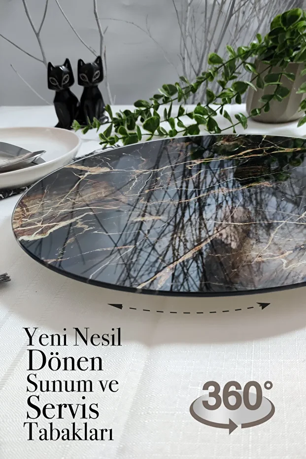 Kahverengi Mermer Desenli, Dönen Standlı Servis Ve Sunum Tabağı, Peynir Tabağı, Lazy Susan - 2