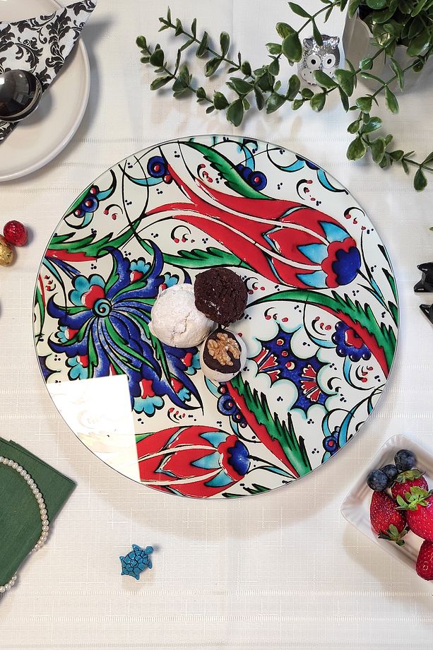Çini Desenli, Dönen Standlı Servis Ve Sunum Tabağı, Peynir Tabağı, Lazy Susan - 1
