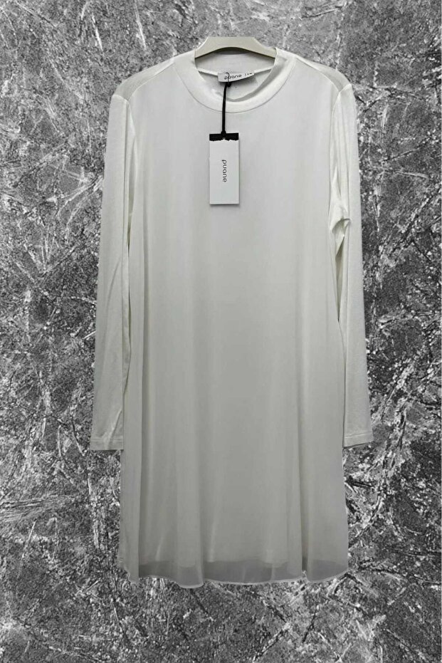 Women's Crew Neck Long Sleeve Chiffon Detailed Front Ecru Tunic / Undershirt 10269