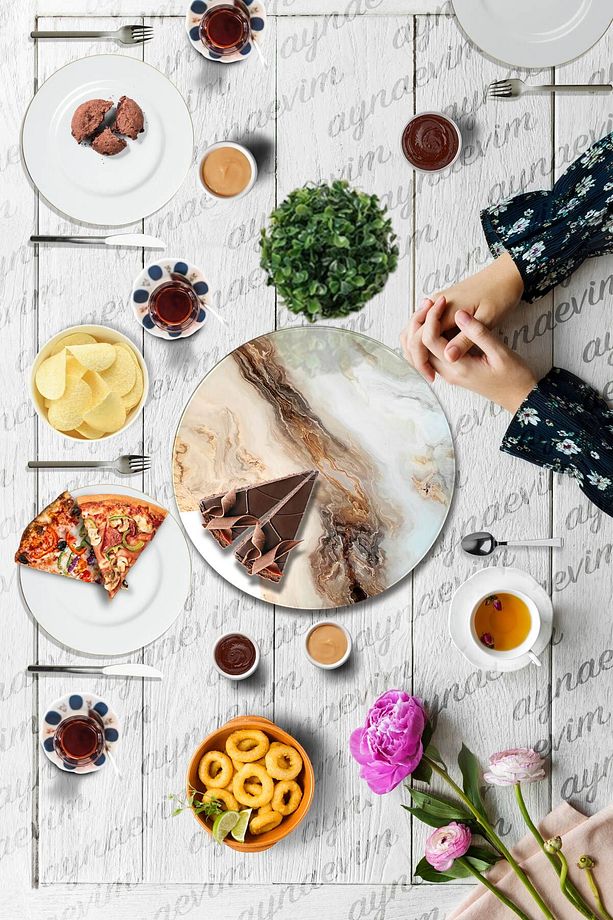 Beyaz Mermer Desenli, Dönen Standlı Servis Ve Sunum Tabağı, Peynir Tabağı, Lazy Susan - 6