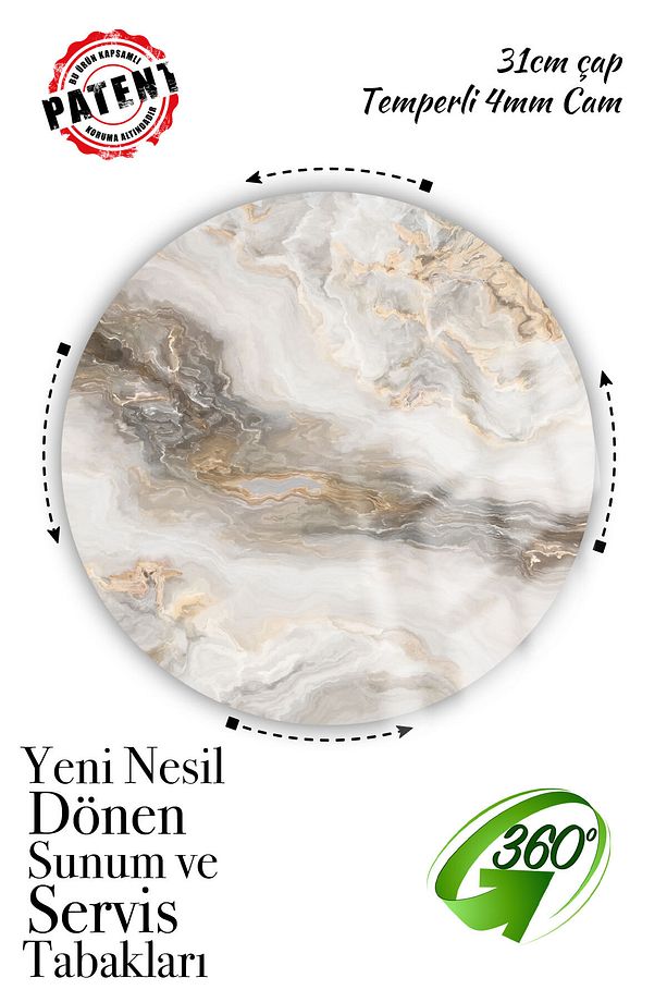 Beyaz Mermer Desenli, Dönen Standlı Servis Ve Sunum Tabağı, Peynir Tabağı, Lazy Susan - 5