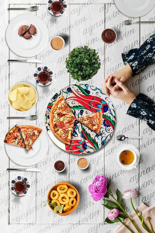 Çini Desenli, Dönen Standlı Servis Ve Sunum Tabağı, Peynir Tabağı, Lazy Susan - 7