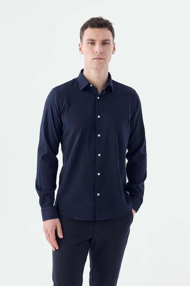Navy Blue Comfort Fit Patterned Stretch Fabric Cotton Sports Shirt