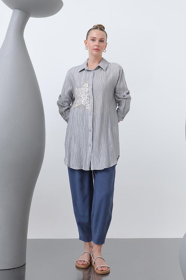 Kadın Önü Yıldız Nakışlı Gömlek Tunik - 10646GML - GREY - 1
