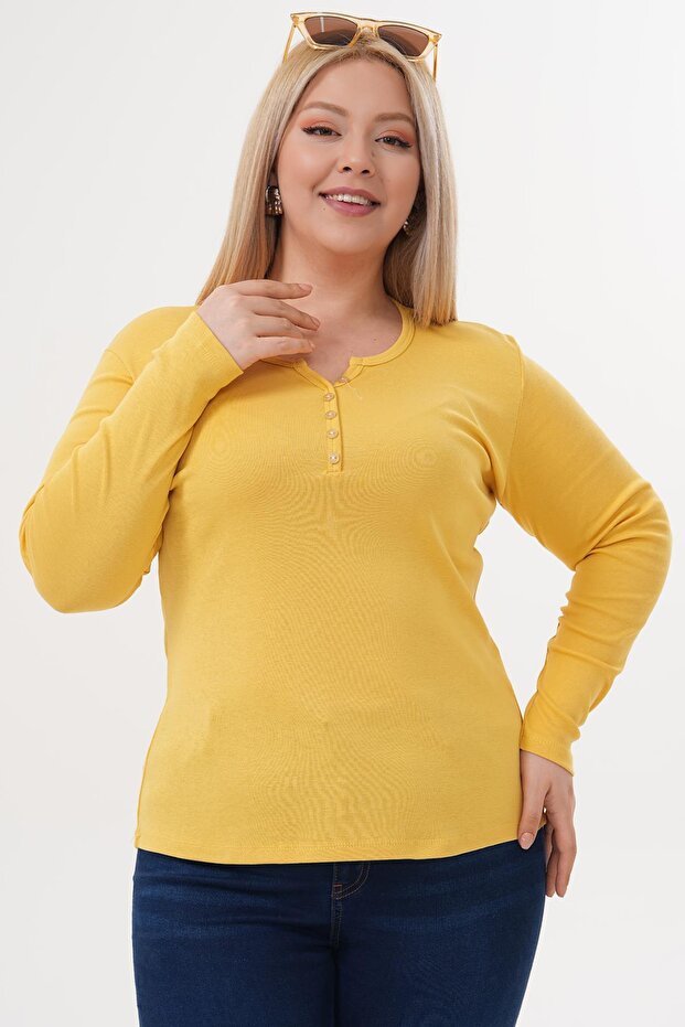 Plus Size Button Detailed Cotton Lycra Basic Blouse - 5