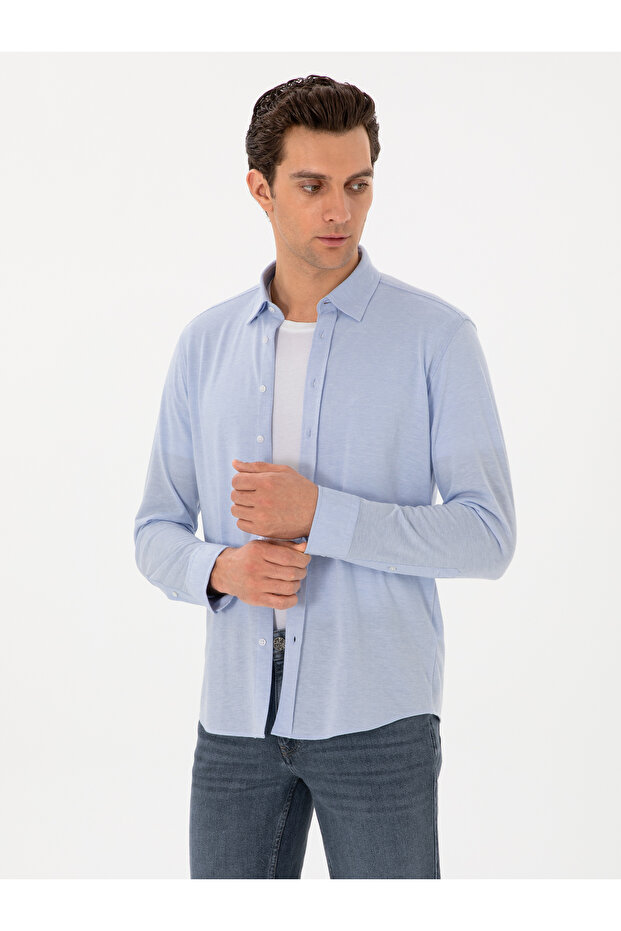 Light Blue Slim Fit Cotton Blend Bottomed Ribbed Shirt 50304495-Vr003