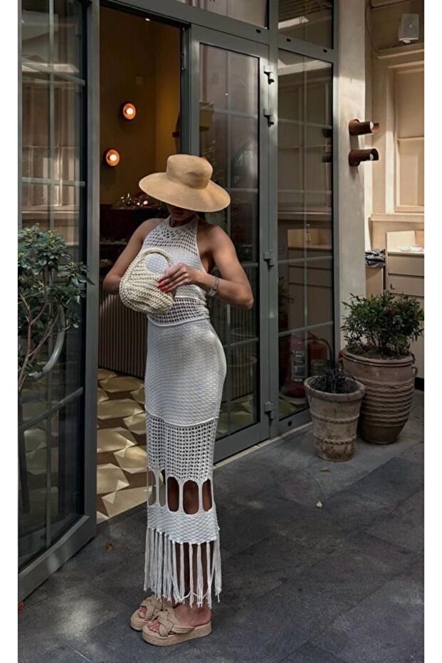 Bej Örme Plaj Elbisesi - 4