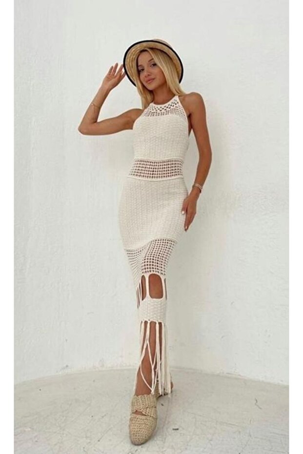 Bej Örme Plaj Elbisesi - 2