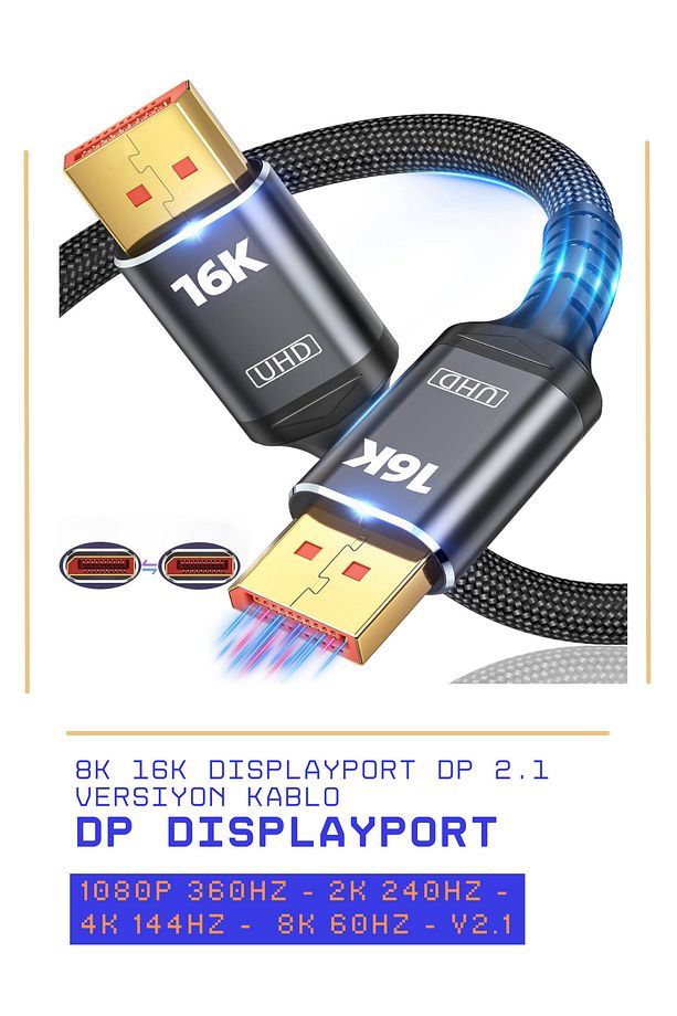 16k Displayport Dp Kablo Örgülü 2 Metre 2.1 Versiyon Dp Kablo Gaming Sinema Yüksek Kalite Dp Kablo - 3