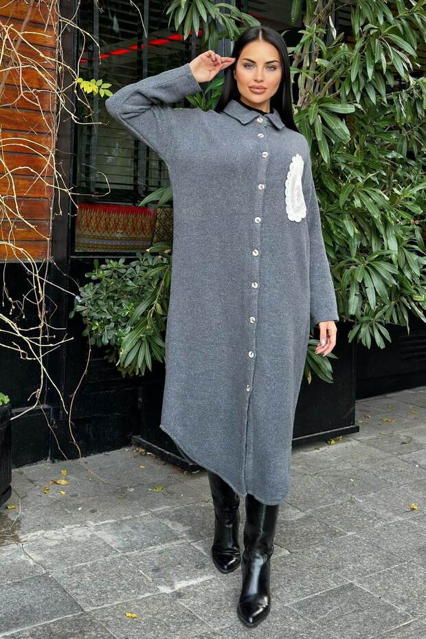 Anthracite Double-Sided Soft Texture, Applique Detail, Double Stamp Shirt Dress