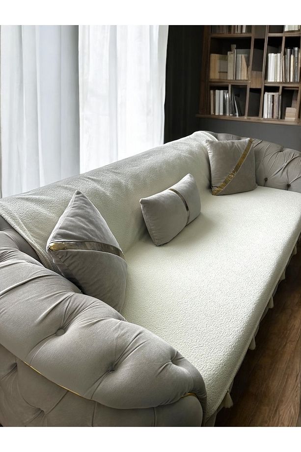 Pati Dostu Koltuk Örtüsü Döşemelik Kumaş Püsküllü Kaymaz Sırt Ve Oturma Yerini Kaplar 140x200 Cm - 2