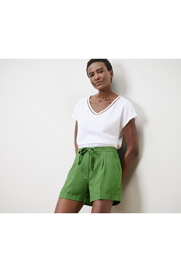 Ketenli Şort, Yeşil - 1