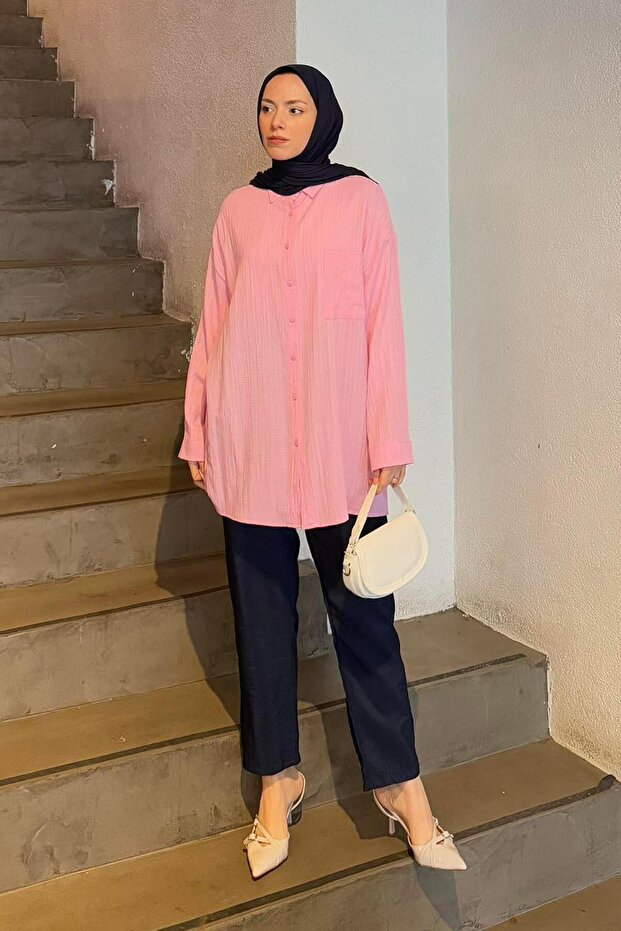 Single Pocket Gofre Hijab Shirt Pink