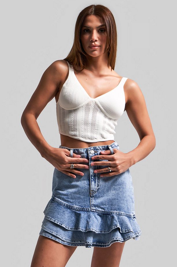 Kadın Snow Kot Rengi 3S5-27 Volanlı %100 Koton Tasarım Denim Mini Etek - 6