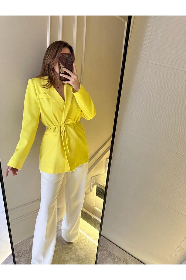 Sarı İp Bağlamalı Blazer Ceket - 7