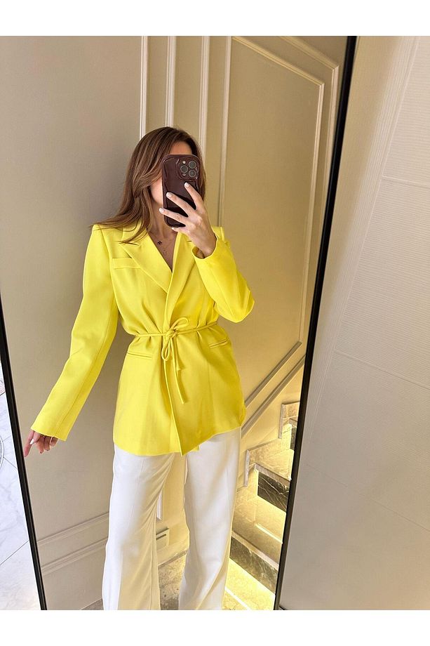 Sarı İp Bağlamalı Blazer Ceket - 3