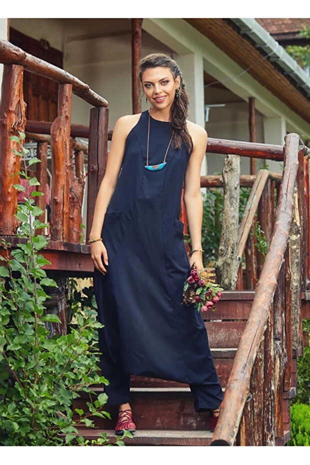 Halter Yaka Sırt Dekolteli Siyah Şalvar Tulum - 2