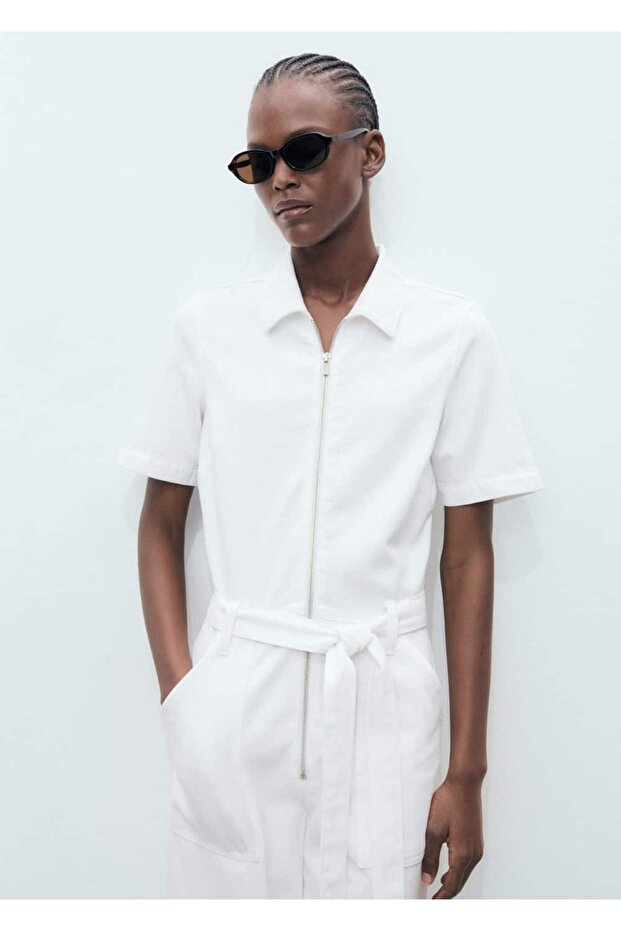 Kemerli denim tulum - 1