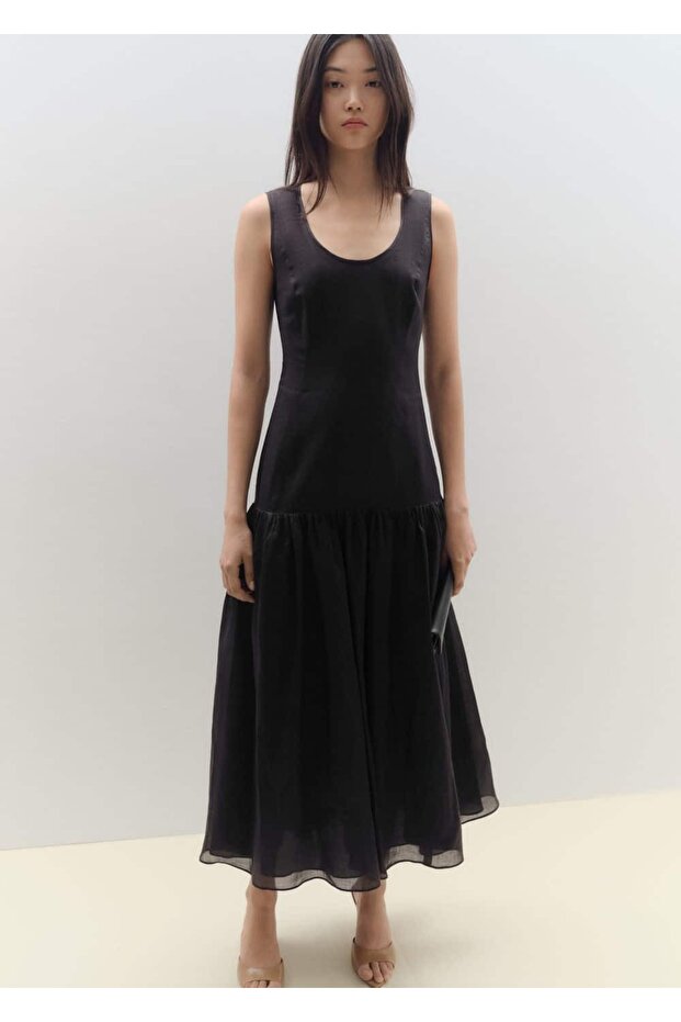 Keten karışımlı volanlı elbise - 7