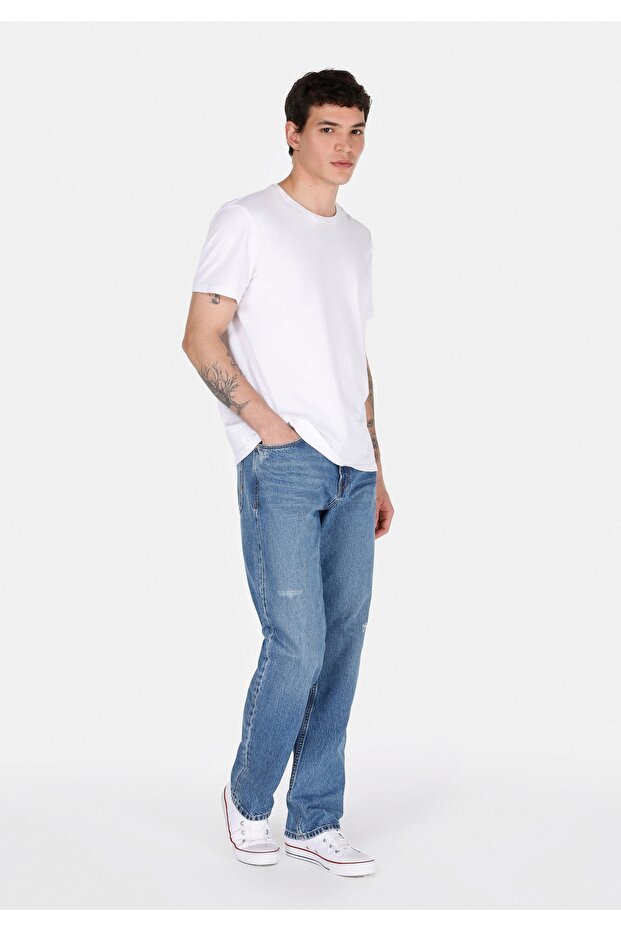 Regular Fit Orta Bel Düz Paça Erkek Mavi Jean Pantolon - 3