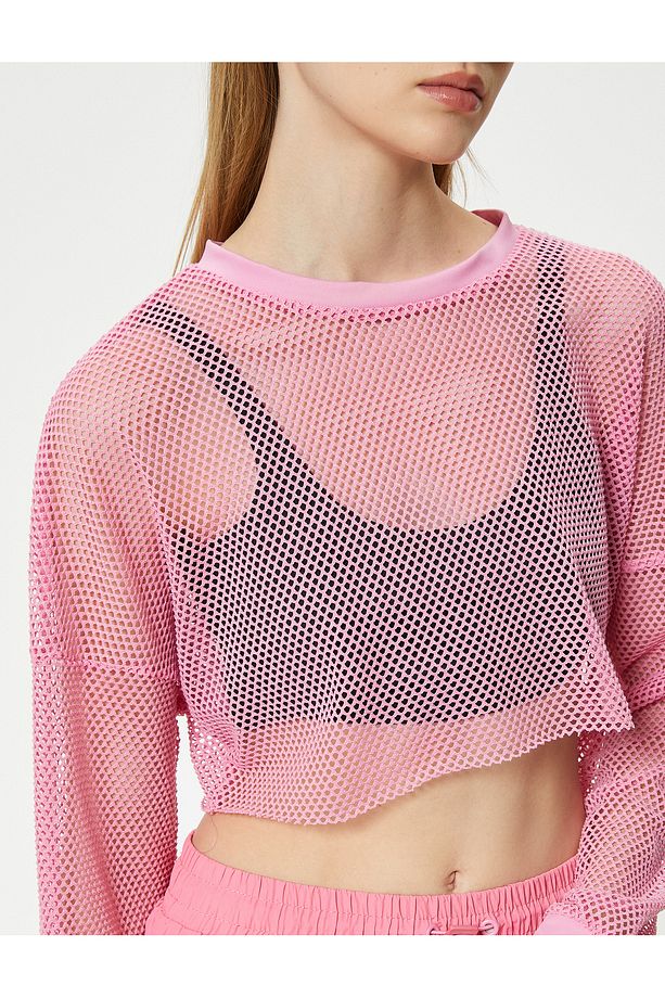 Oversize File Spor Tişört Crop Uzun Kollu Bisiklet Yaka - 5